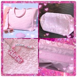3PC Barbie x Stoney Clover Lane Pink Monogram XL Tote Bag, Cosmetic Pouch, 💳👛